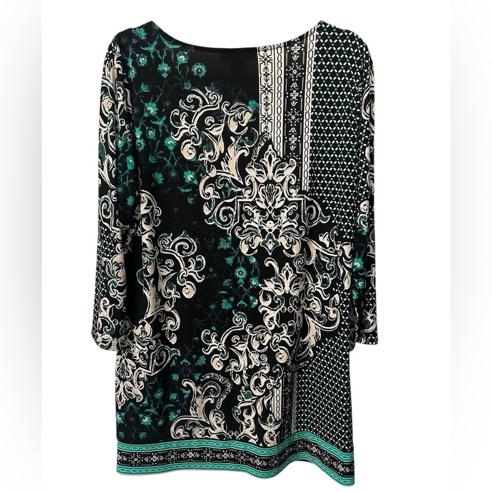 White House Black Market Black Teal Baroque Print Blouse Square Neck 3/4 Sleeve - Picture 4 of 4